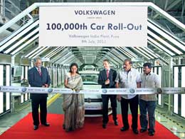 100000th car a Volkswagen Vento rolled out at the Volkswagen India Chakan plant near Pune
