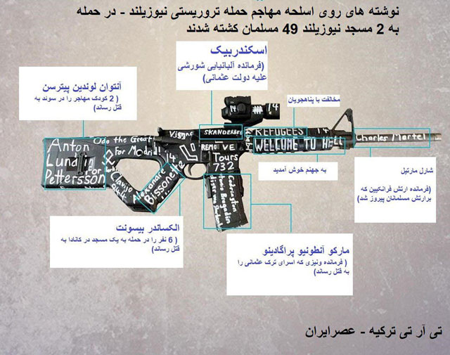 نوشته‌های روی اسلحه مهاجم حمله تروریستی