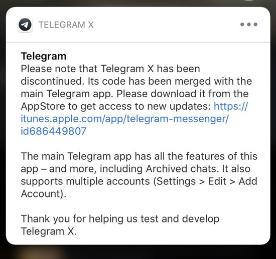 عدم ادامه فعالیت تلگرام ایکس برای آی‌اواس