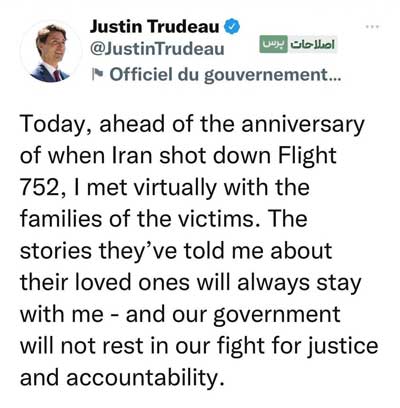توئیت نخست وزیر کانادا در سالگرد فاجعه 752