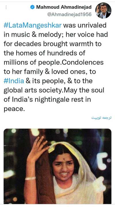 توئیت احمدی‌نژاد برای «بلبل بالیوود»