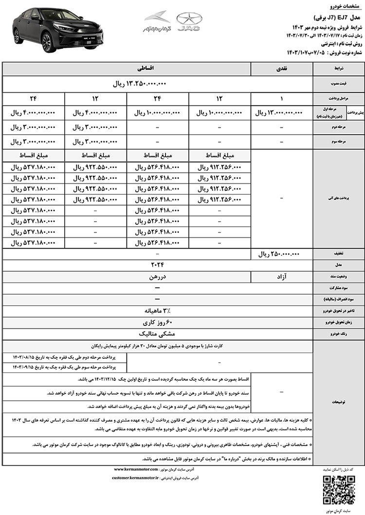 ارسالی:شرایط فروش نقد و اقساطی کی ام سی EJ ۷ با تحویل ۶۰ روزه + جدول مهر ۱۴۰۳