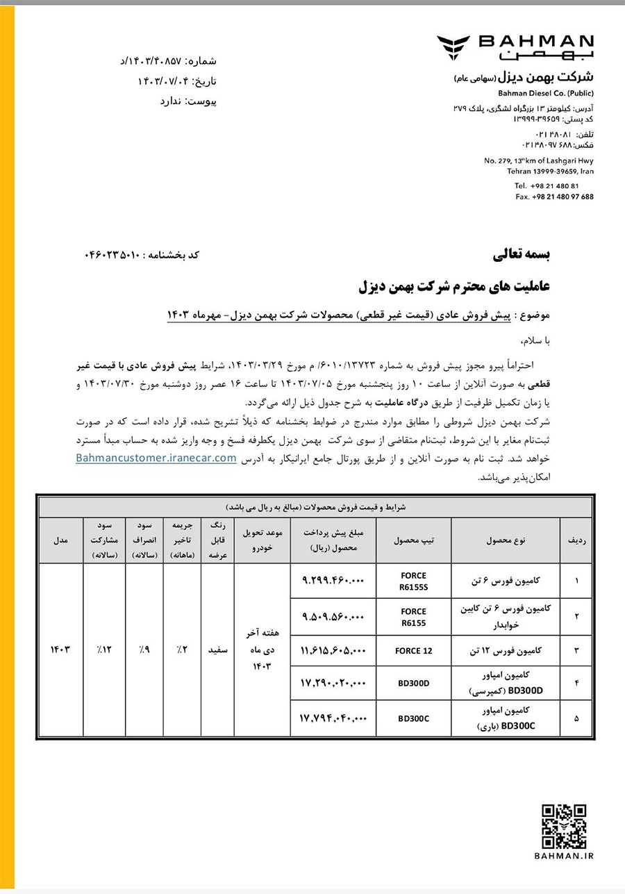 آغاز پیش‌فروش ۵ محصول بهمن دیزل با قیمت غیرقطعی