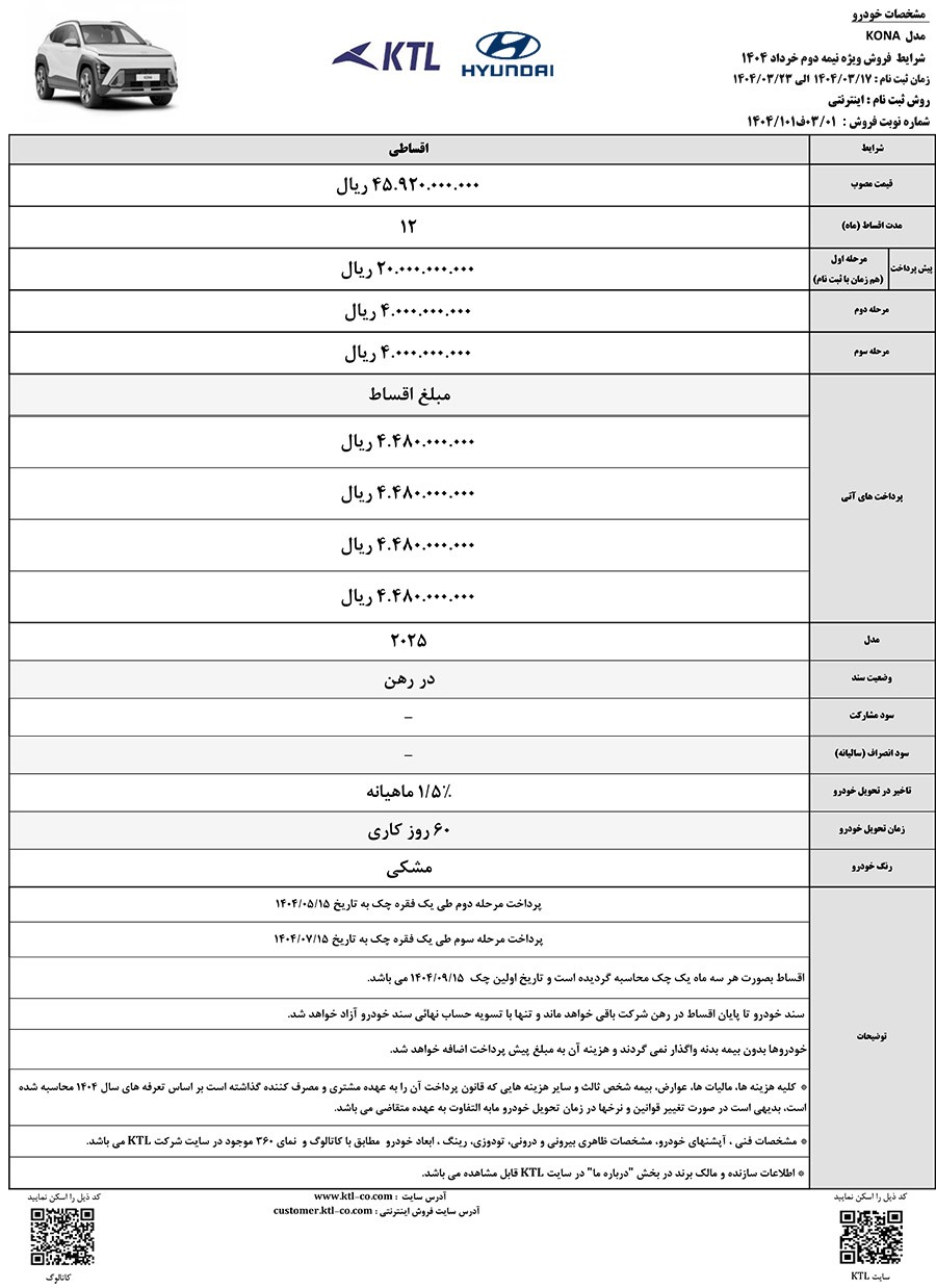 آغاز فروش اقساطی هیوندای کونا ۲۰۲۵ شرکت KTL