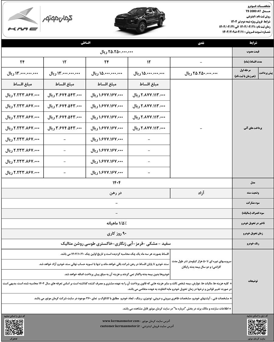 آغاز فروش نقد و اقساطی خودروهای T9 و ایگل کرمان موتور