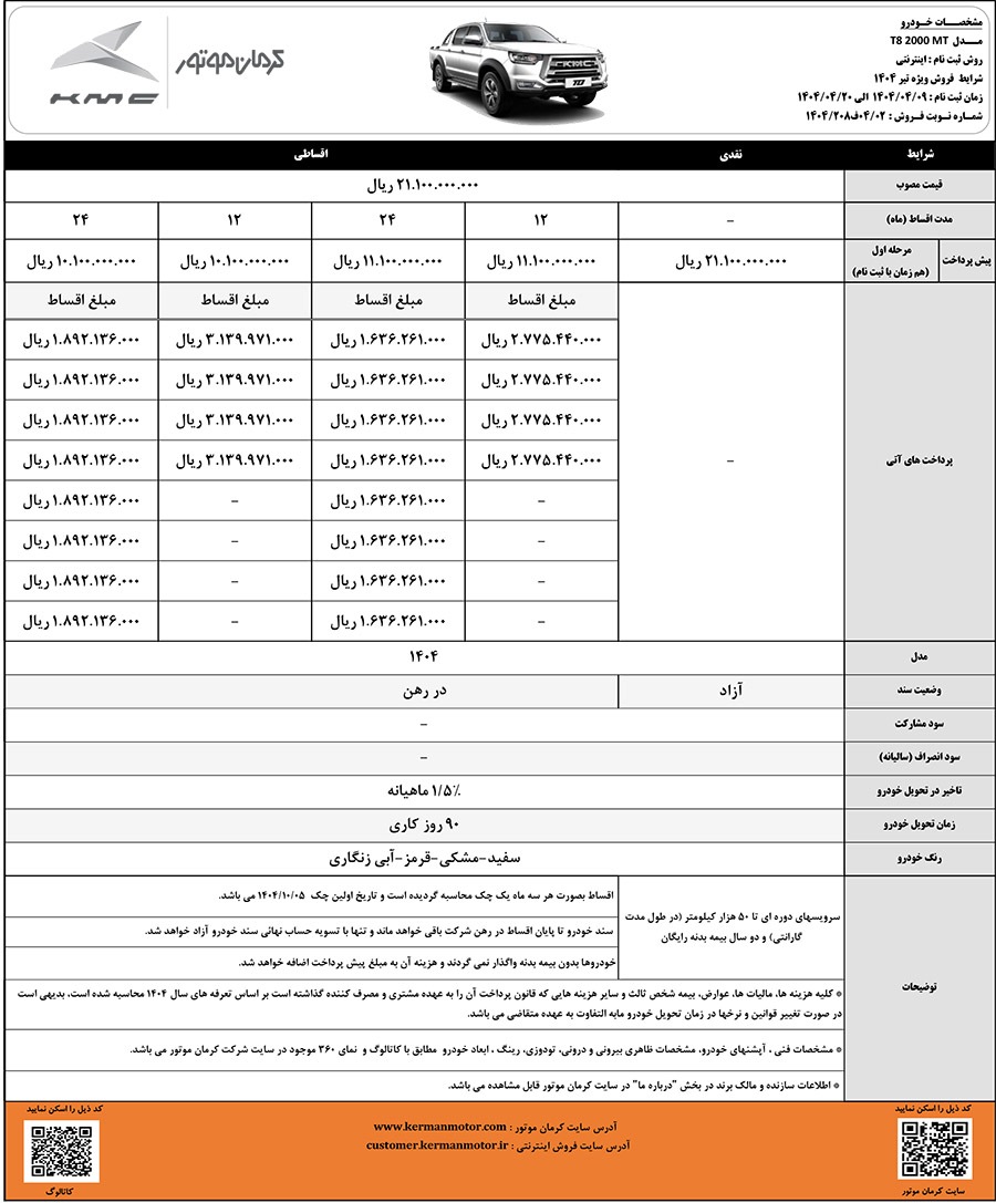 شرایط فروش اقساطی کی ام سی T8 اعلام شد