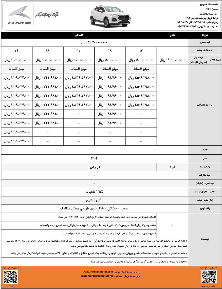 آغاز شرایط فروش نقد و اقساط KMC SR۳ توسط کرمان موتور