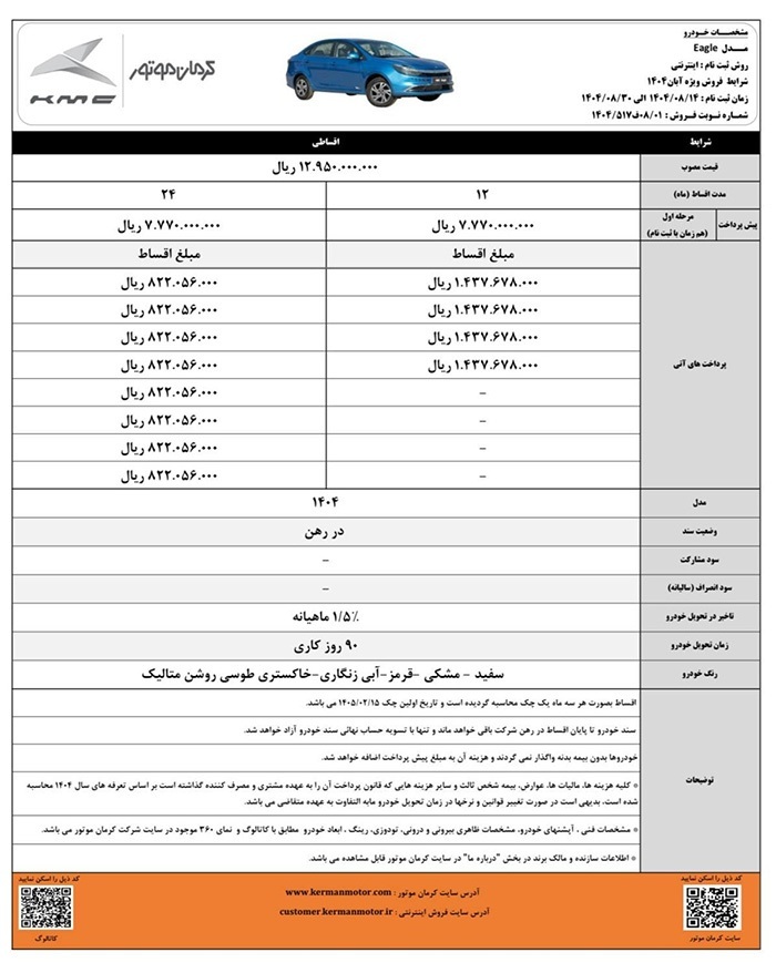 فروش اقساطی محصولات کرمان موتور آغاز شد + آبان ۱۴۰۴