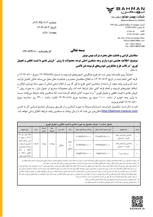 مرحله هفتم تکمیل وجه منتخبین اصلی طرح فروش نقدی با قیمت قطعی در سه طرح مرحله هفتم تکمیل وجه منتخبین اصلی طرح فروش نقدی با قیمت قطعی در سه طرح