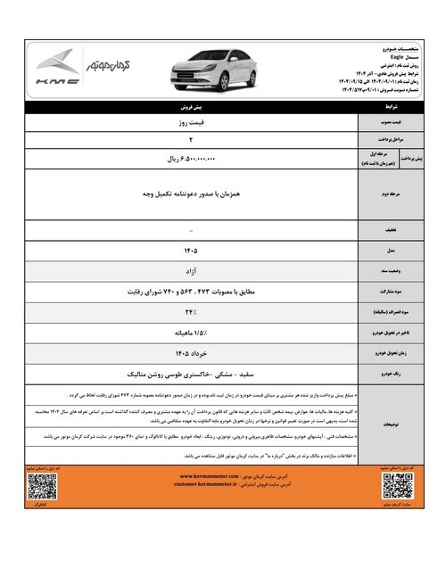 پیش فروش محصولات کرمان موتور با موعد تحویل خرداد 1405 پیش فروش محصولات کرمان موتور با موعد تحویل خرداد 1405