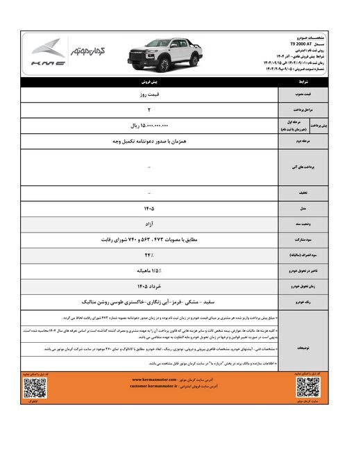 پیش فروش محصولات کرمان موتور با موعد تحویل خرداد 1405 پیش فروش محصولات کرمان موتور با موعد تحویل خرداد 1405